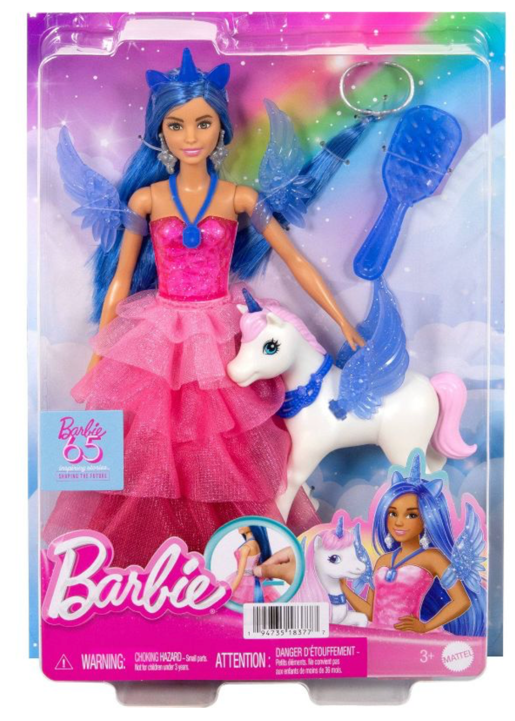 Barbie Unicorn Toy 65th Anniversary Doll with Blue Hair Pink Gown Pet Alicorn