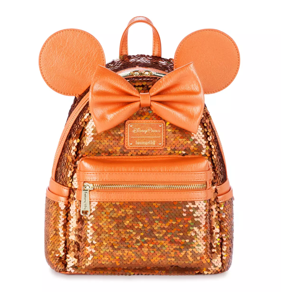 Disney Parks Minnie Mouse Sequined Loungefly Mini Backpack Peach Punch I Love Characters