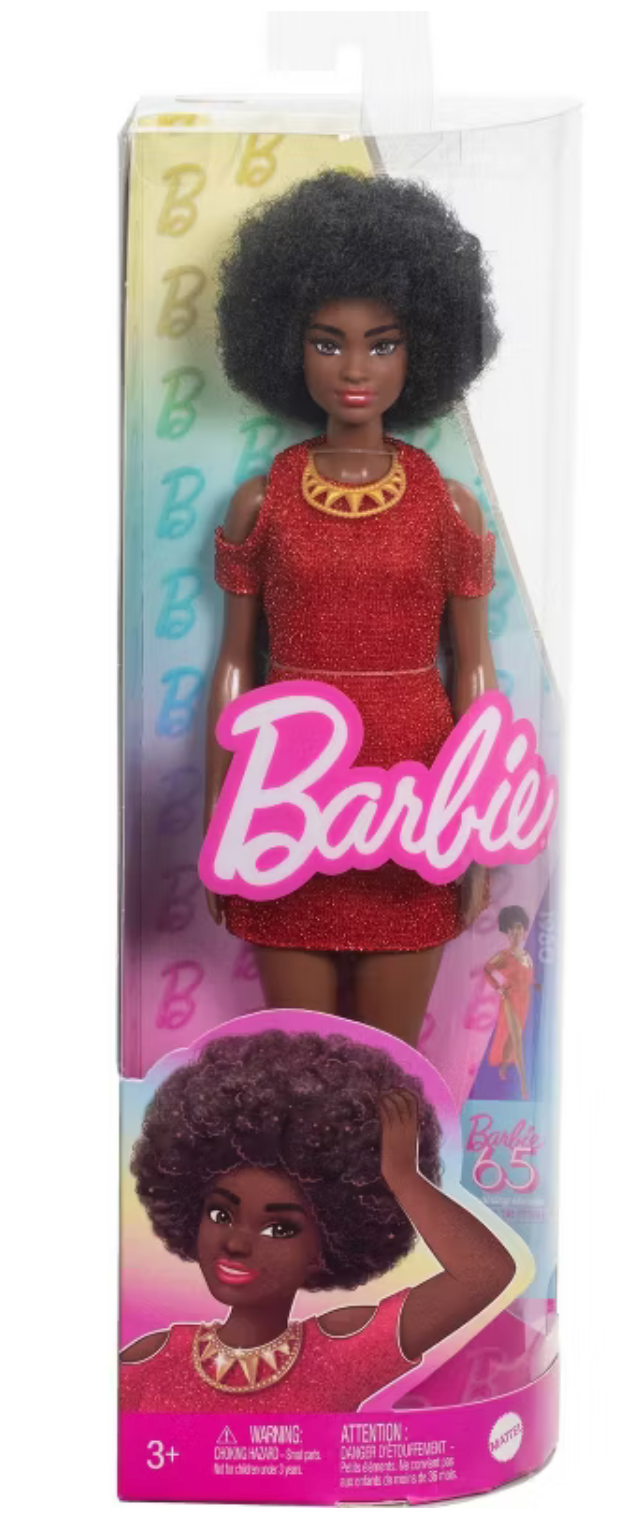 strapless open back dress Barbie Fashionistas Doll #221 with Natural Black Hair, Red Dress & Accessories, 65th Anniversary