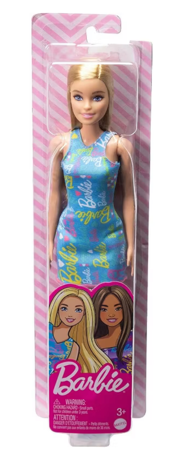 Barbie Blonde Doll with Logo Print Blue Dress