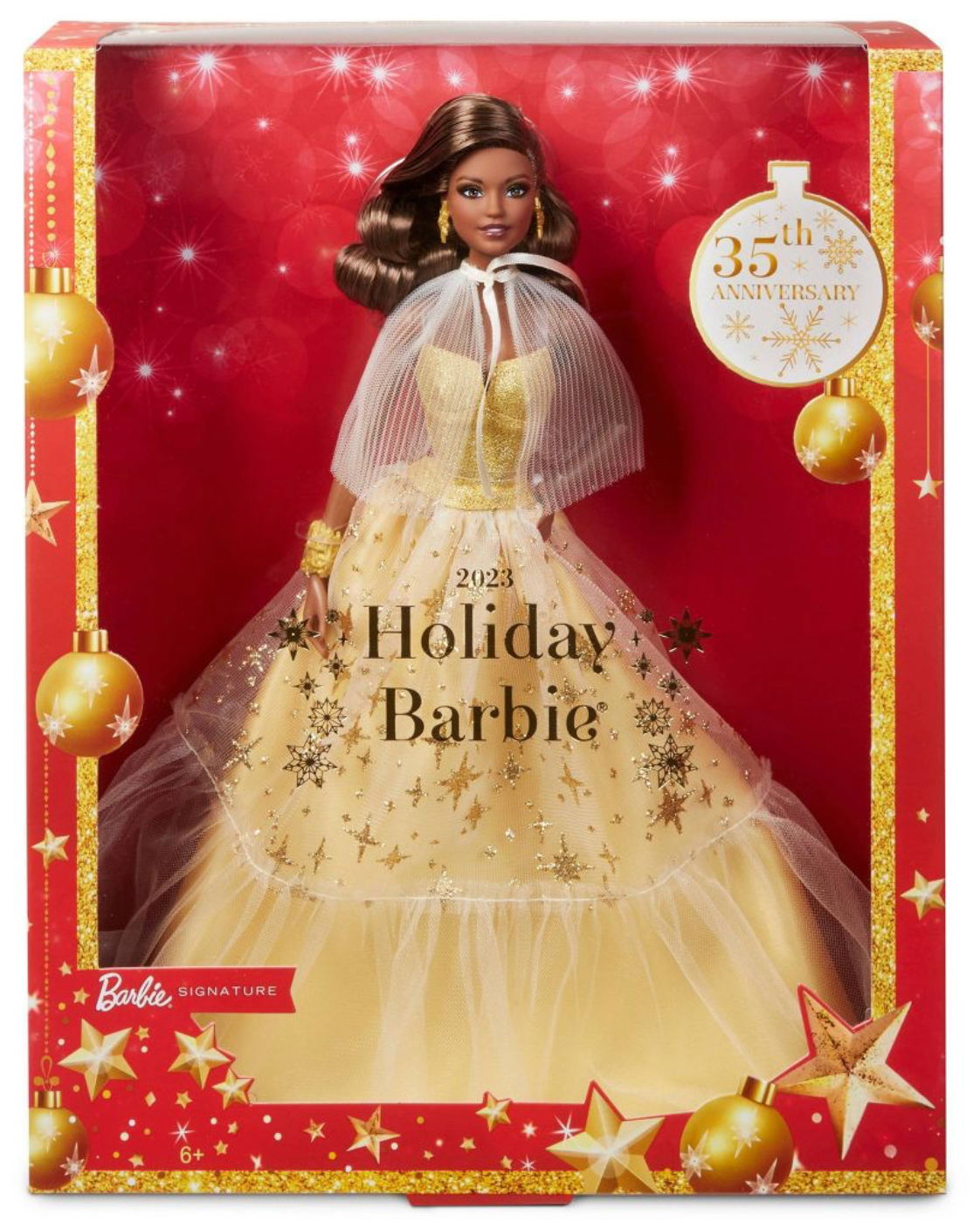 Barbie 13 Signature 2023 Holiday Collector Doll Golden Gown Dark Brown  I  Love Characters