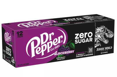 Dr Pepper Blackberry Zero Sugar Soda Jurassic World Rebirth 12 pack 12 fl oz Can