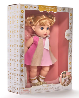 FAO Schwarz 14" Drink and Wet Baby Doll - Blonde Hair Toy New With Tag