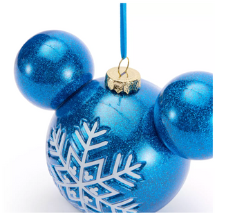 Disney Parks Mickey Icon Snowflake Blue Glass Ball Christmas Ornament New w Tag