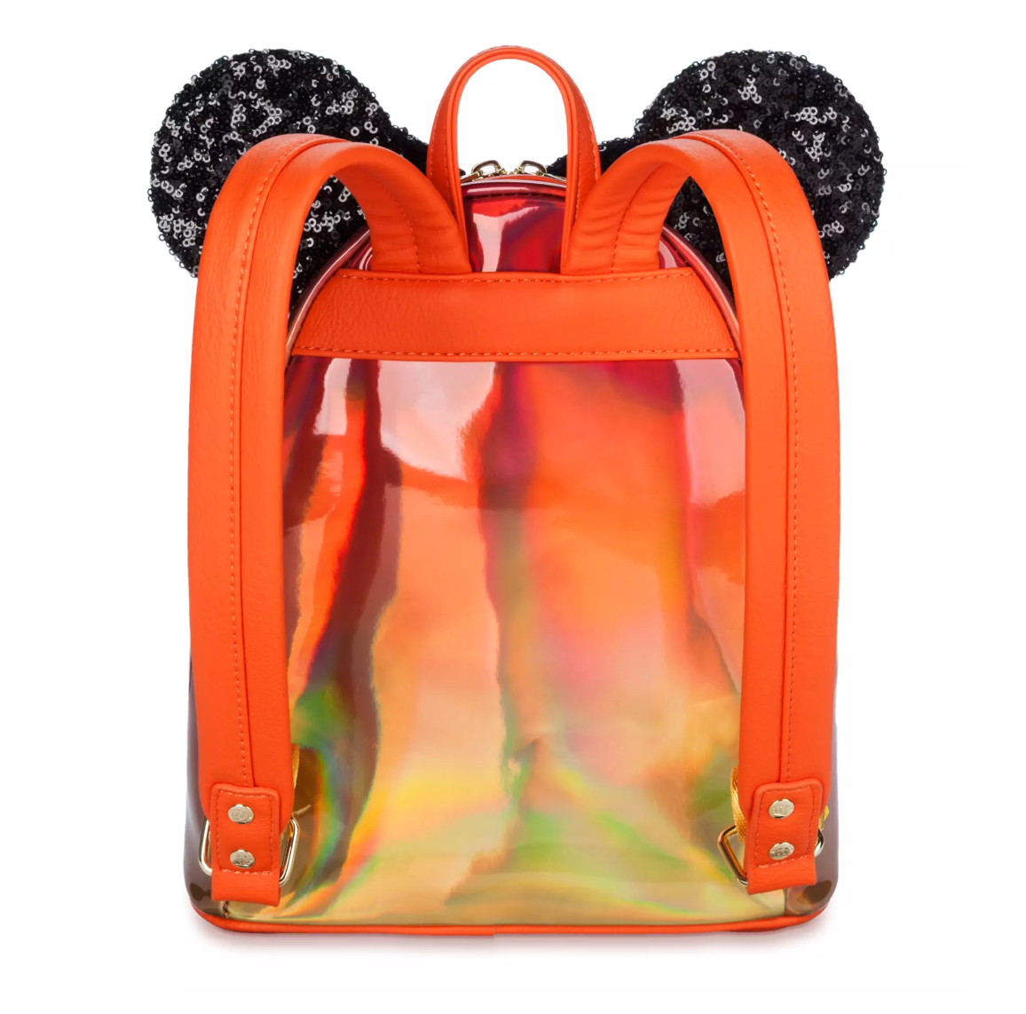Disney Parks Halloween Minnie Orange Vinyl Sequin Loungefly Mini Backpack New