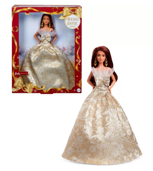 Barbie Signature 2025 Holiday Barbie Fashion Doll Dark Brown Hair Gold Gown New