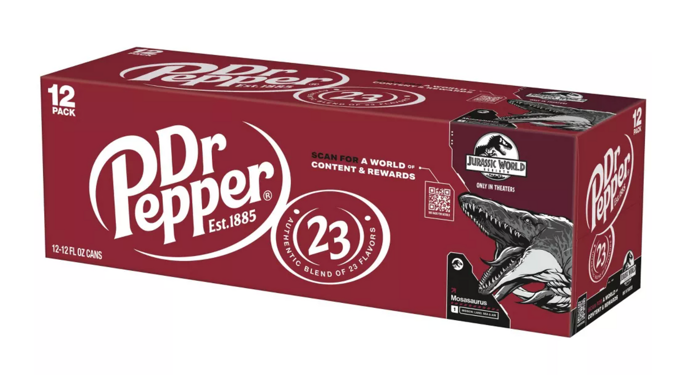 Dr Pepper Soda Mosasaurus Jurassic World Rebirth 12 pack 12 fl oz Cans New