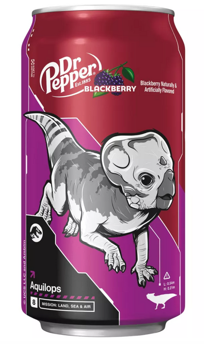 Dr Pepper Blackberry Soda Aquilops Jurassic World Rebirth 12 pack 12 fl oz Cans