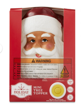 Holiday Time Red and White Light-Up Santa Head Mini Christmas Tree Topper New