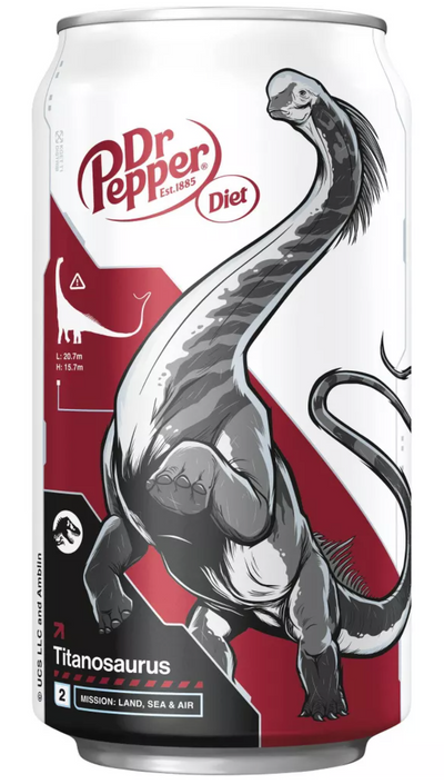 Diet Dr Pepper Soda Titanosaurus Jurassic World Rebirth 12 pk 12 fl oz Cans