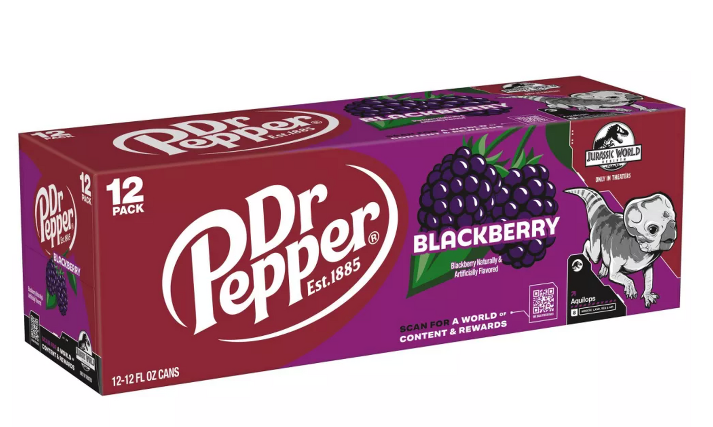 Dr Pepper Blackberry Soda Aquilops Jurassic World Rebirth 12 pack 12 fl oz Cans