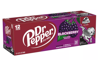 Dr Pepper Blackberry Soda Aquilops Jurassic World Rebirth 12 pack 12 fl oz Cans