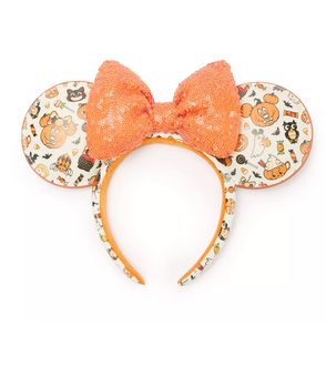 Disney Parks Halloween Cats Spiders Pumpkins Minnie Ear Headband Sequined Bow N