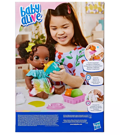 Baby Alive Fruity Sips Baby Doll Black Hair Brown Eyes Toy New with Box