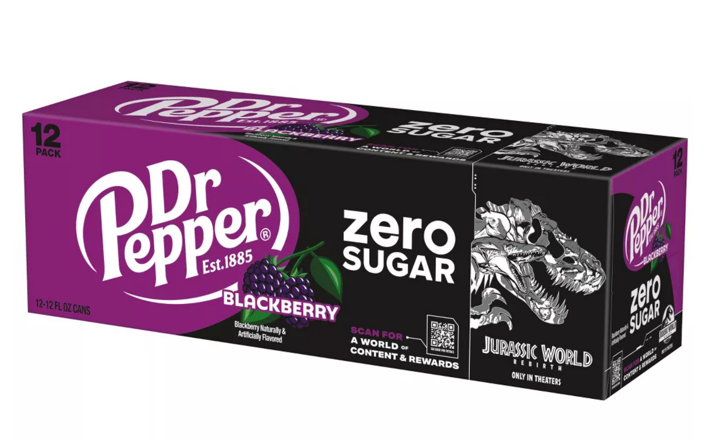 Dr Pepper Blackberry Zero Sugar Soda Jurassic World Rebirth 12 pack 12 fl oz Can