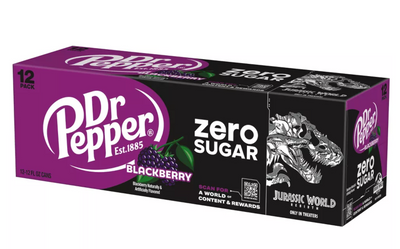 Dr Pepper Blackberry Zero Sugar Soda Jurassic World Rebirth 12 pack 12 fl oz Can
