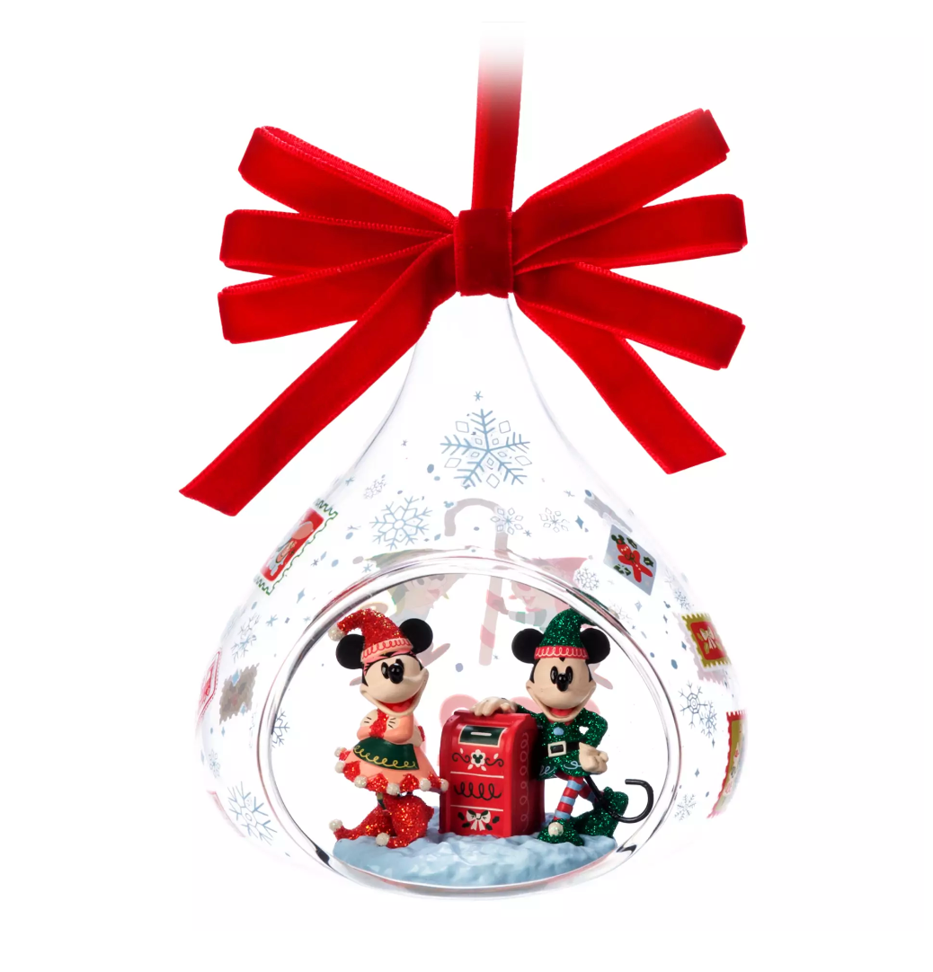 Disney Parks Santa's Helpers Mickey Minnie Holiday Glass Droplet Ornament New