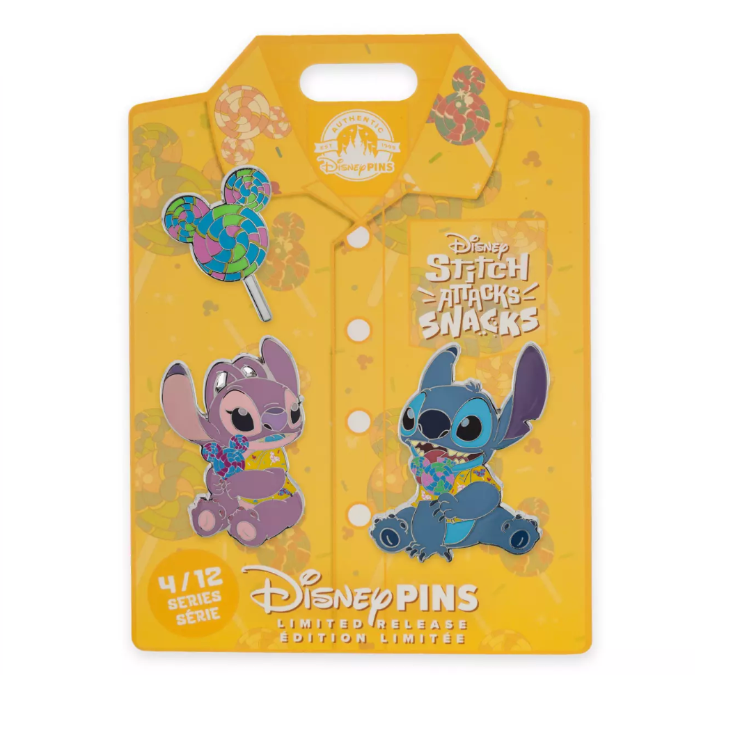 Disney Parks Stitch and Angel Attacks Snacks April Lollipop Pin Set New W Card