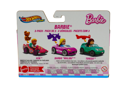 Hot Wheels RacerVerse Barbie Malibu Ken Teresa Diecast Toy Car Set New with Box