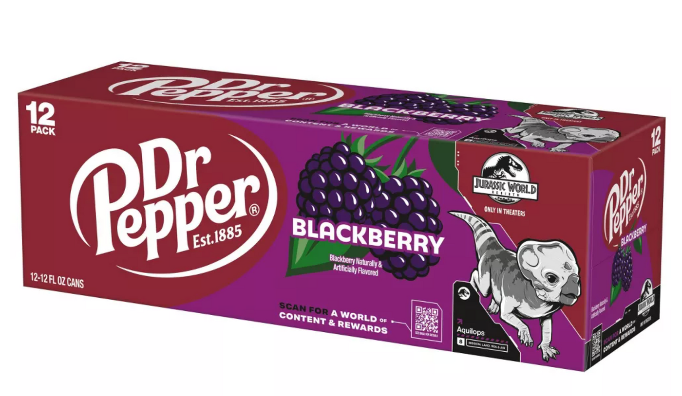 Dr Pepper Blackberry Soda Aquilops Jurassic World Rebirth 12 pack 12 fl oz Cans