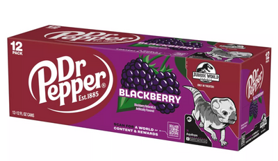 Dr Pepper Blackberry Soda Aquilops Jurassic World Rebirth 12 pack 12 fl oz Cans