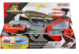 Jurassic World Rebirth Matchbox Mosasaurus Rescue Action Boat Playset New W Tag