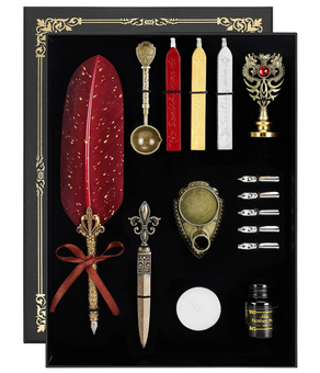 Karhood Quill Pen and Ink Feather Calligraphy Dip with Wax Seal Stamp Kit Red