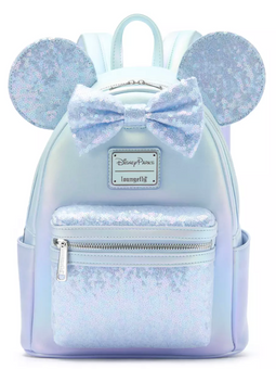 Disney Parks Loungefly Minnie Mouse Light Blue Sequined Mini Backpack New W Tag