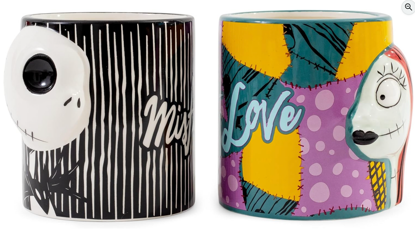 Disney Nightmare Before Christmas Jack & Sally Sculpted Ceramic Mugs Set of 2 NE