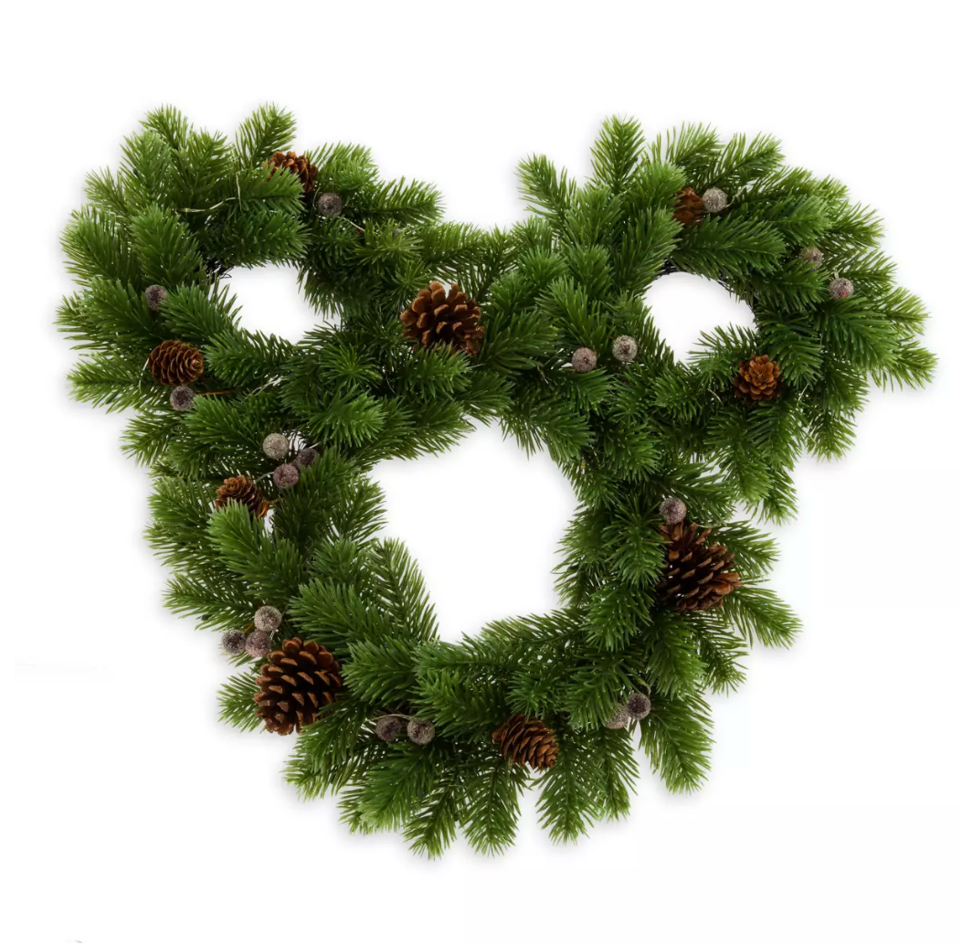 Disney Parks Mickey Icon Light-Up Holiday Christmas Wreath Pinecones Berries New