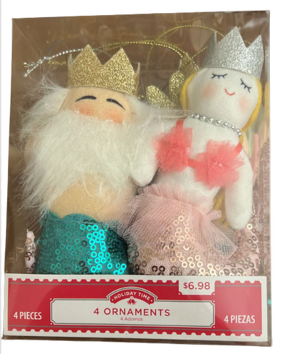 Holiday Time Mermaid Neptune Glitter Plush Ornament Set of 4 New With Tag