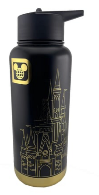 Disney Parks Cinderella Castle WDW Water Bottle Black/Gold New With Tag