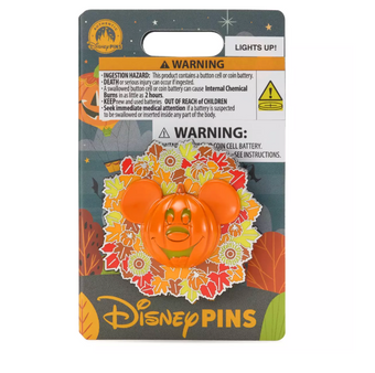 Disney Parks Halloween Mickey Jack-o'-Lantern Wreath Light-Up Pin New w Card