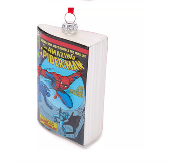 Disney Parks Marvel Spider-Man Comic Book Glass Christmas Ornament New with Tag