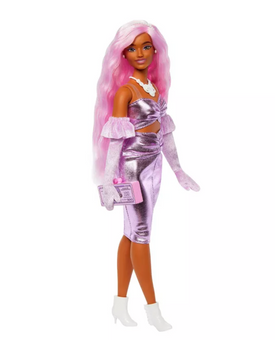 Barbie Deluxe Style 11" Doll #1 Glossy Pink Dress Velvet Gloves Pink Hair New