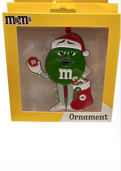 M&M's World Santa Green with Stocking Stain Glass Christmas Ornament New w Box