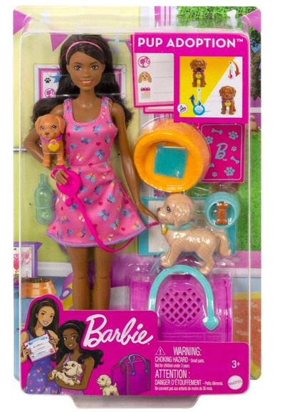 Barbie Pup Adoption Playset and Doll with Black Hair, 2 Puppies Toy New with Box