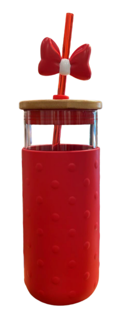 Disney Parks Minnie Mouse Bow Glass Bottle With Straw New With Tag