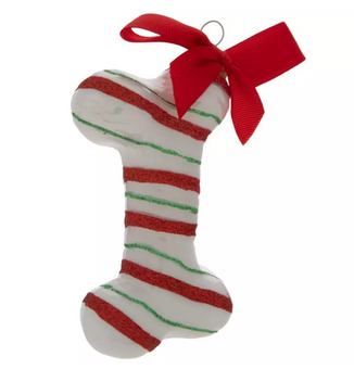Robert Stanley Striped Glitter Dog Bone Glass Christmas Ornament New with Tag