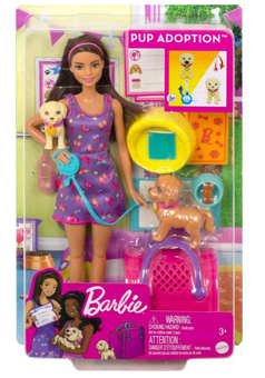 Barbie Pup Adoption Playset and Doll with Brown Hair, 2 Puppies Toy New with Box