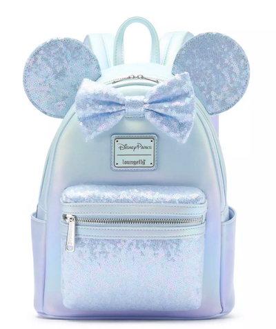 Disney Parks Loungefly Minnie Mouse Light Blue Sequined Mini Backpack New W Tag