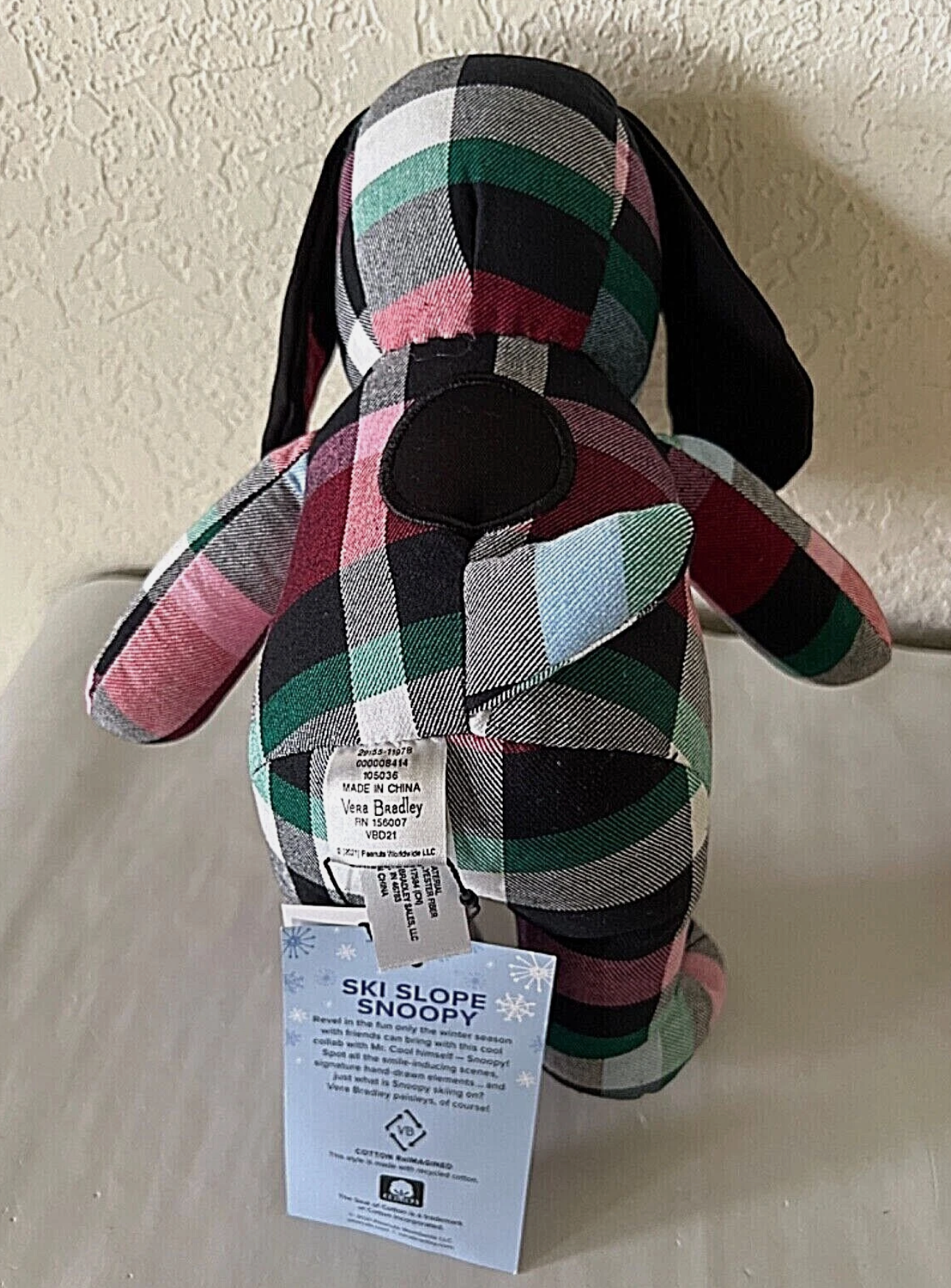 Vera Bradley Peanuts Collection Snoopy Plaid Fabric Pattern Stuffed Plush New