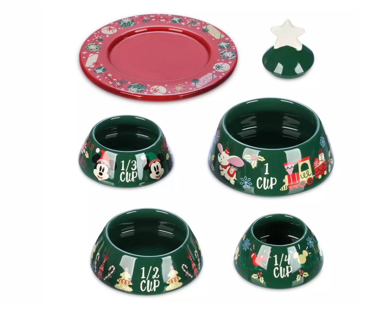 Disney Parks Mickey and Minnie Christmas Tree Stacking Measuring Cup Set New