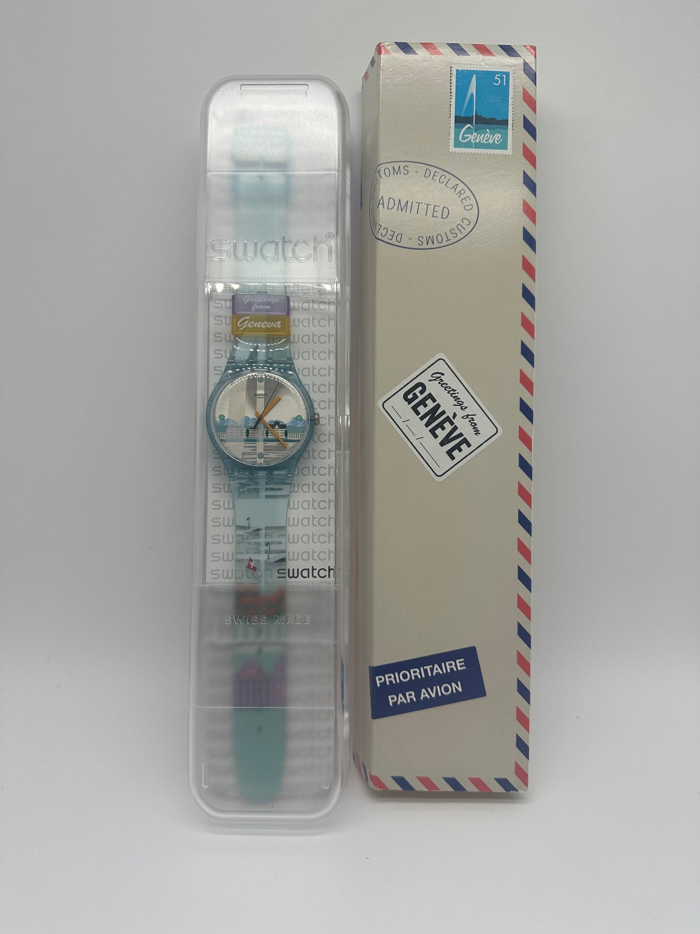 Swatch Destination Greetings from Geneve BOUT DU LAC Watch Never Worn New w Case