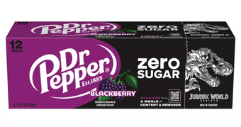 Dr Pepper Blackberry Zero Sugar Soda Jurassic World Rebirth 12 pack 12 fl oz Can