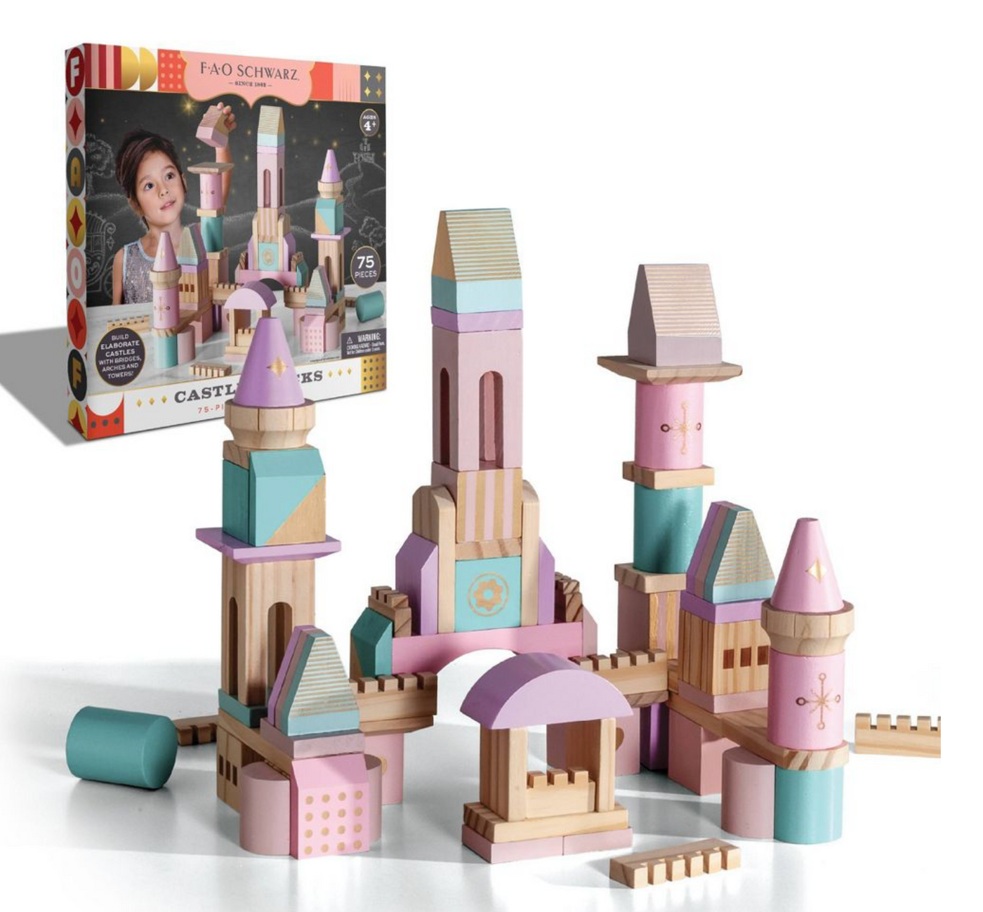 FAO Schwarz Medieval Princesses Wooden Castle Building Blocks Set 75pc New W Box