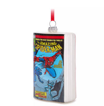 Disney Parks Marvel Spider-Man Comic Book Glass Christmas Ornament New with Tag