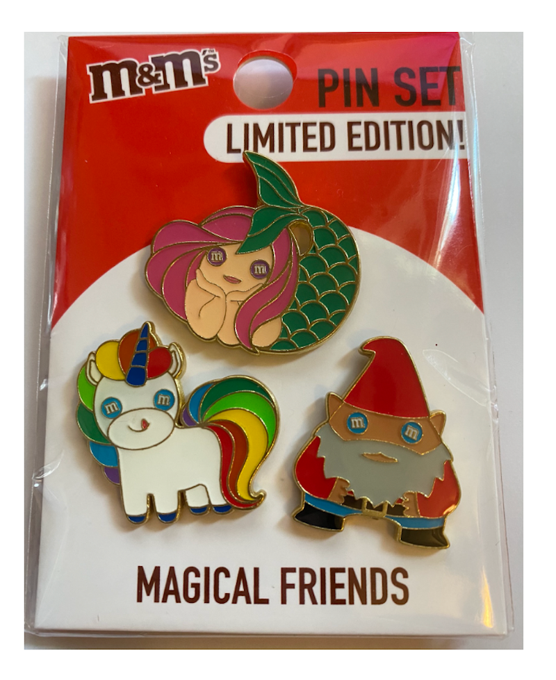 M&M's World Magical Friends Unicorn Gnome Mermaid Limited Pin Set New with Card