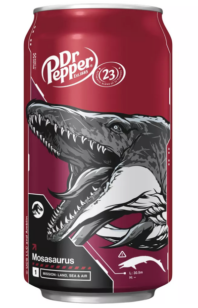Dr Pepper Soda Mosasaurus Jurassic World Rebirth 12 pack 12 fl oz Cans New