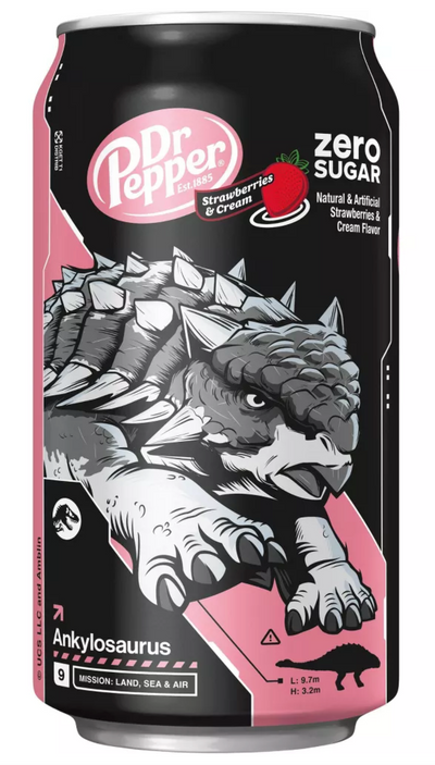 Dr Pepper Strawberries Cream Zero Soda Ankylosaurus Jurassic 12 pk 12 fl oz Cans